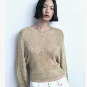 ZARA METALLIC MESH KNIT TOP Gold Sweater
